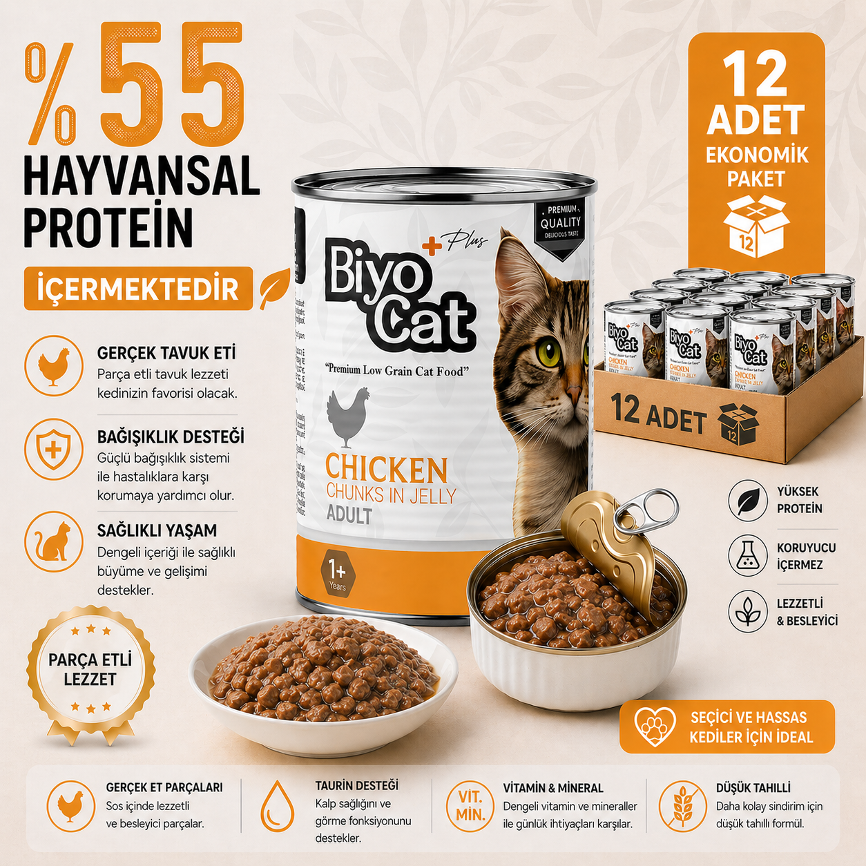 Biyocat Plus Tavuklu Yetişkin Kedi Konserve Yaş Mama 400gr x 12 Adet