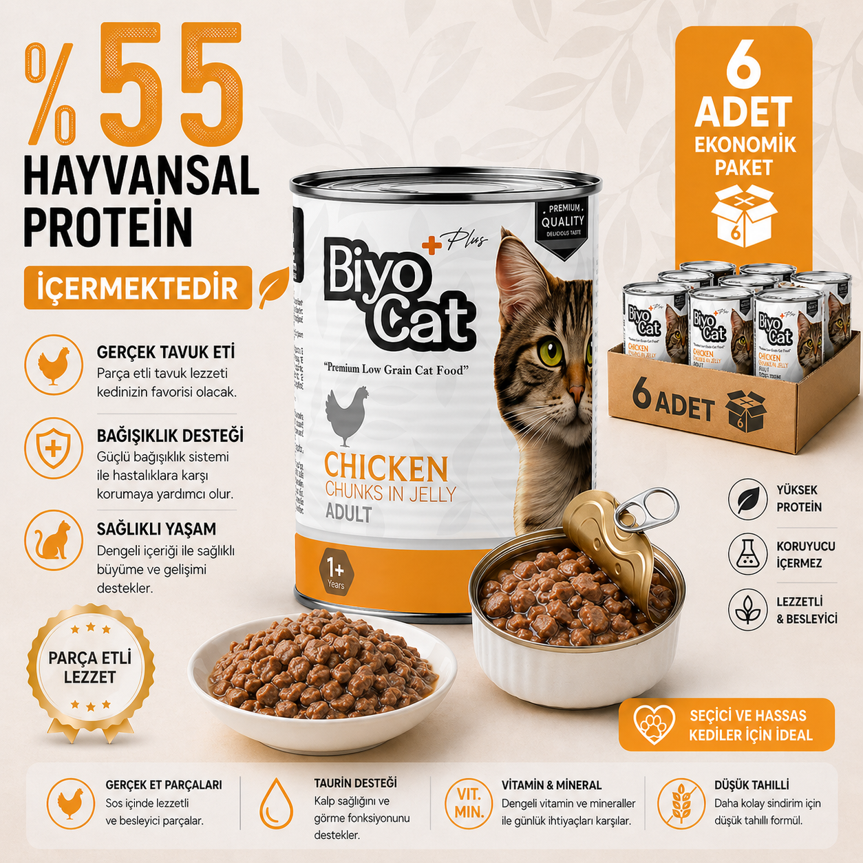 Biyocat Plus Tavuklu Yetişkin Kedi Konserve Yaş Mama 400gr x 6 Adet