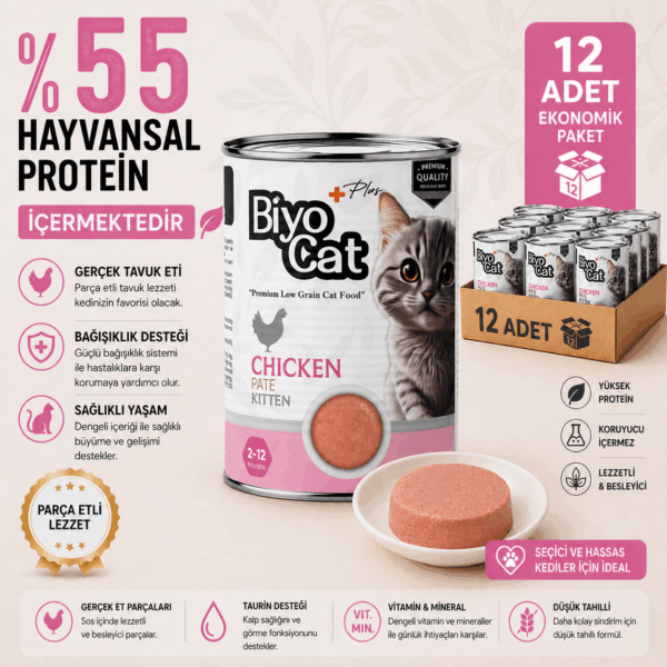 Biyocat Plus Kitten Tavuklu Yavru Kedi Konserve Yaş Mama 400gr X 12 Adet