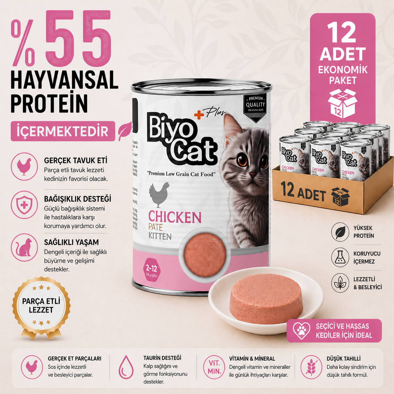Biyocat Plus Kitten Tavuklu Yavru Kedi Konserve Yaş Mama 400gr X 12 Adet