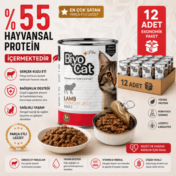 Biyocat Plus Kuzu Etli Yetişkin Kedi Konserve Yaş Mama 400gr X 12 Adet