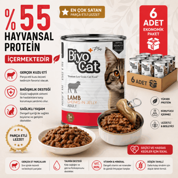 Biyocat Plus Kuzu Etli Yetişkin Kedi Konserve Yaş Mama 400gr X 6 Adet