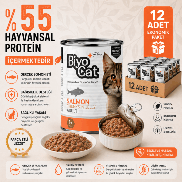 Biyocat Plus Somonlu Yetişkin Kedi Konserve Yaş Mama 400gr X 12 Adet