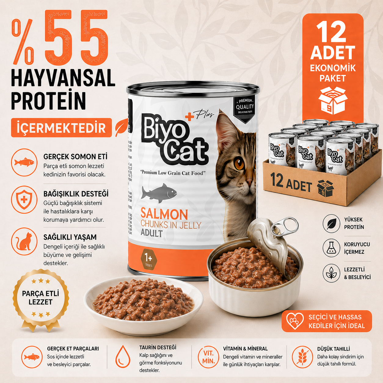 Biyocat Plus Somonlu Yetişkin Kedi Konserve Yaş Mama 400gr X 12 Adet