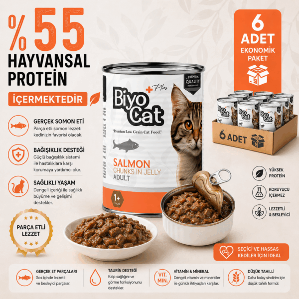Biyocat Plus Somonlu Yetişkin Kedi Konserve Yaş Mama 400gr X 6 Adet