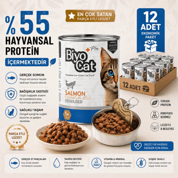 Biyocat Plus Somonlu Kısır Yetişkin Kedi Konserve Yaş Mama 400gr X 12 Adet