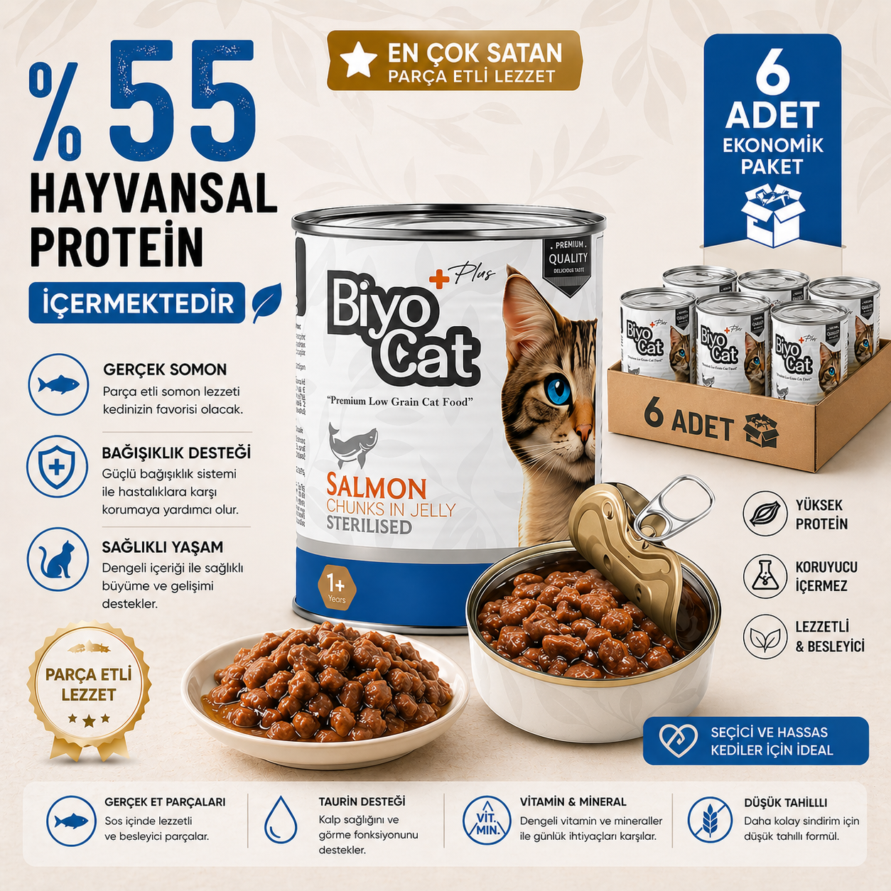Biyocat Plus Somonlu Kısır Yetişkin Kedi Konserve Yaş Mama 400gr X 6 Adet