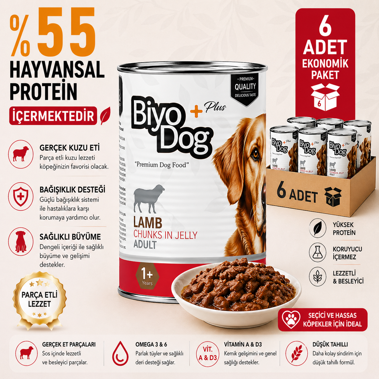 Biyodog Plus Kuzu Etli Yetişkin Köpek Konserve Yaş Mama 400gr x 6 Adet