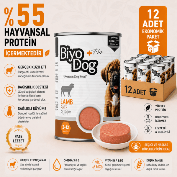 Biyodog Plus Puppy Kuzu Etli Yavru Köpek Konserve Yaş Mama 400gr X 12 Adet