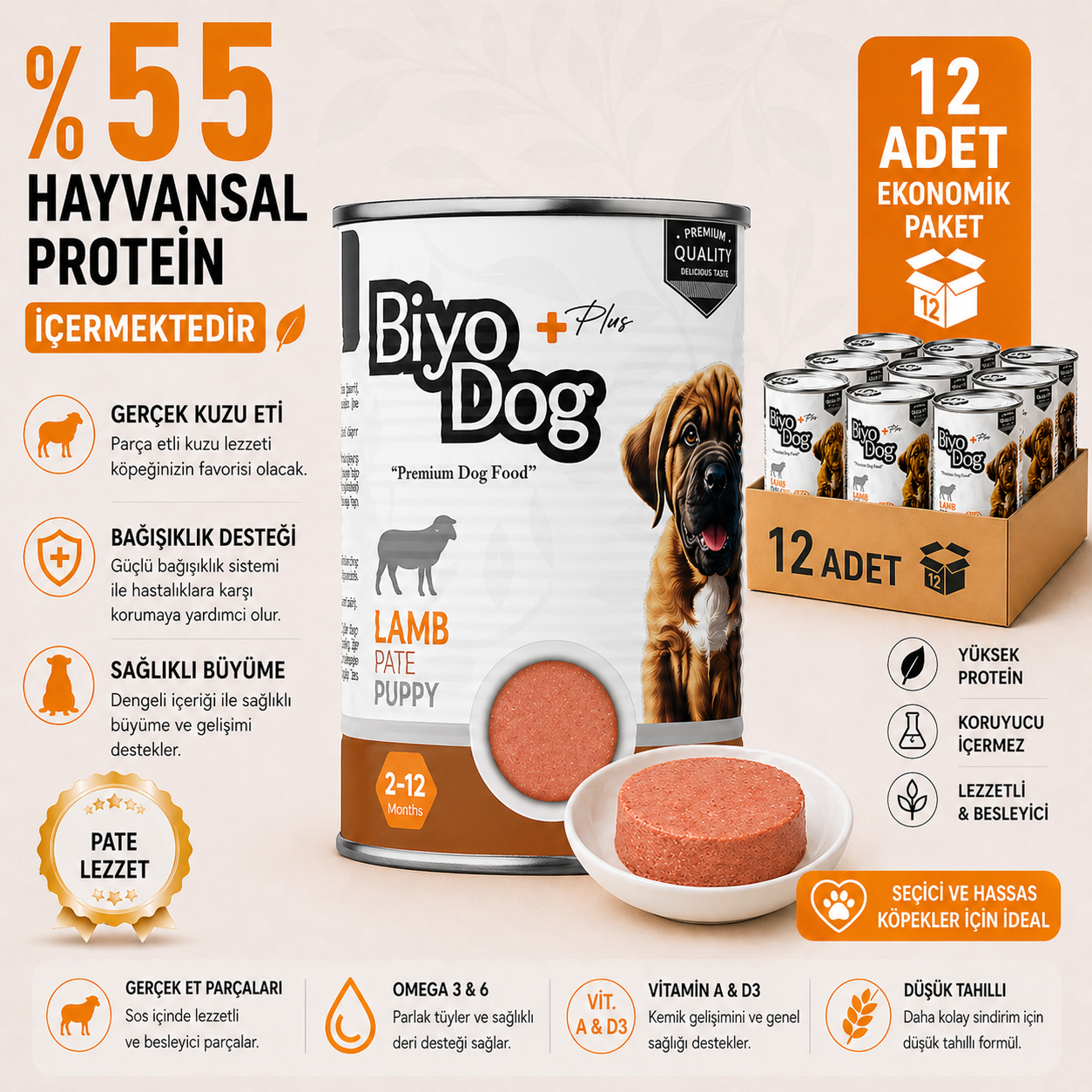 Biyodog Plus Puppy Kuzu Etli Yavru Köpek Konserve Yaş Mama 400gr X 12 Adet