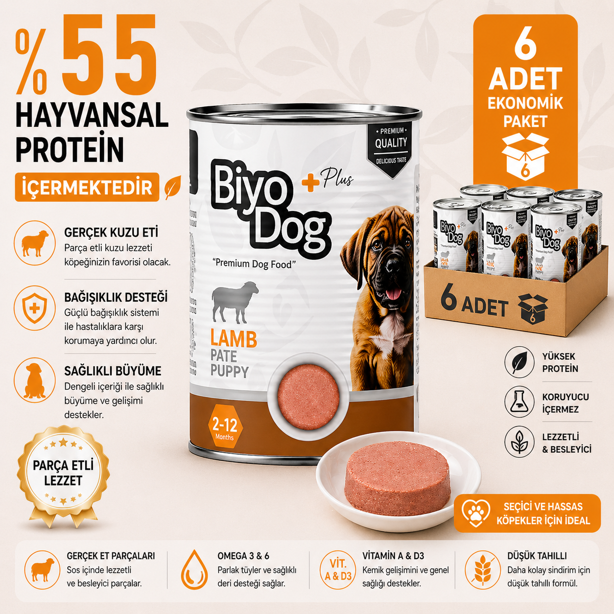 Biyodog Plus Puppy Kuzu Etli Yavru Köpek Konserve Yaş Mama 400gr X 6 Adet