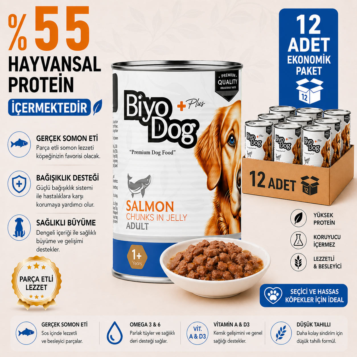 Biyodog Plus Somonlu Yetişkin Köpek Konserve Yaş Mama 400gr x 12 Adet