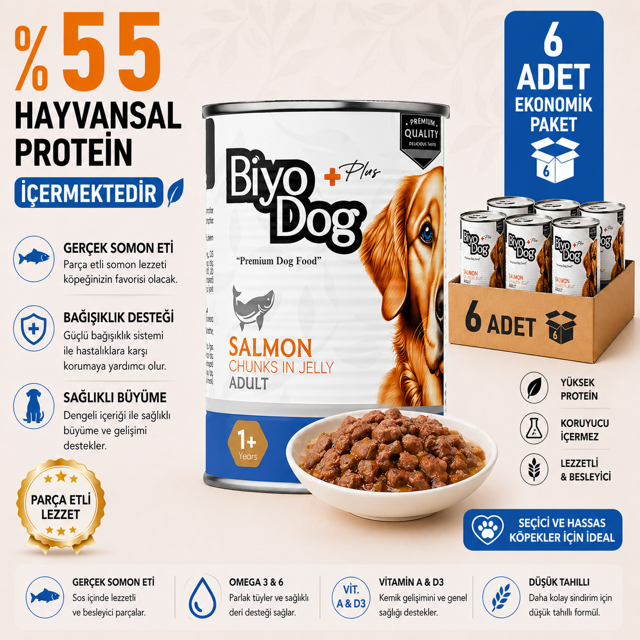 Biyodog Plus Somonlu Yetişkin Köpek Konserve Yaş Mama 400gr x 6 Adet